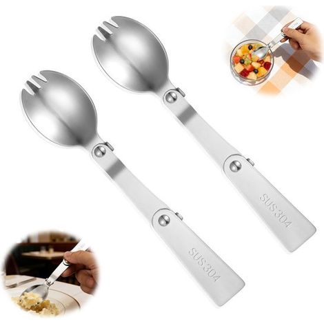 Ensemble de deux couverts pliables : fourchette et cuillère à salade. Cuillère pliante en acier inoxydable. Couverts pliables et portables, idéaux pour les voyages et le camping, compatibles avec les (1/5)