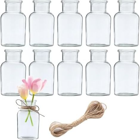12 Mini Vases en Verre,125 ML Ficelle Mini Vase,Petits Vase à Fleurs,Design Vintage, Vases de Table à Manger adapté à la décoration de Table de Mariage Moderne, Maison, Anniversaire, Festival (1/5)