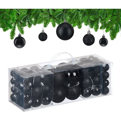 Relaxdays Boule de Noël, lot pratique de 76, en plastique, pour décorer votre sapin comme il se doit, noire (1/5)