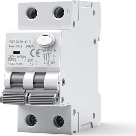 Disjoncteur différentiel 30mA 16A Type A 1P+N Interrupteur Différentiel RCBO 6KA AC 230V avec Protection contre les courants de fuite, les surcharges et les courts circuits (1/5)