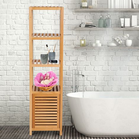 Meuble haut de salle de bain/ terrasse, étagère à tour en bambou 4 étagères + armoire avec porte, 36x33x140cm, couleur bois (1/5)