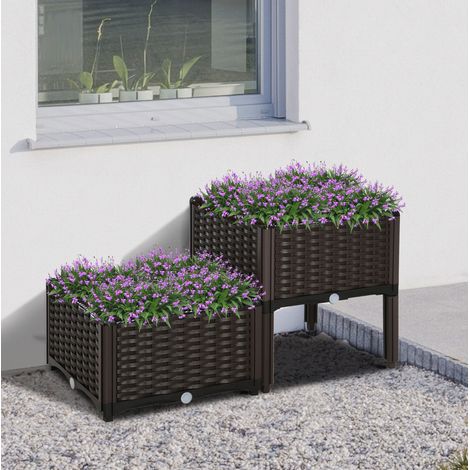 Bac de culture 40x40x44 cm marron en plastique aspect rotin avec fond drainant et module extensible (1/5)