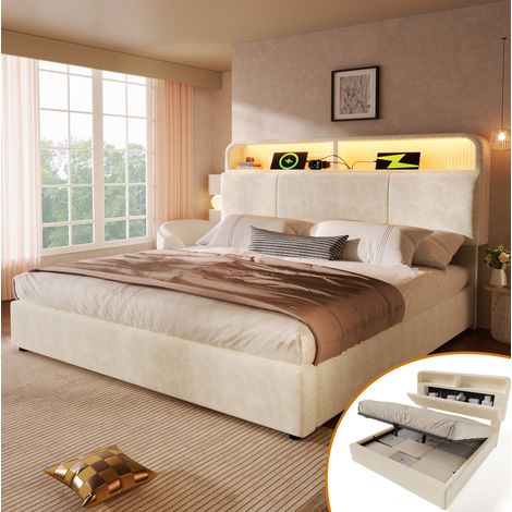 DESVIAE Lit double avec rangement 180 x 200 cm tête de lit réglable en hauteur LED USB Type C velours beige sommier à lattes inclus (1/4)