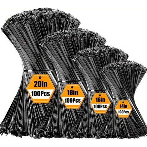 Set di 400 fascette nere per cavi, 100/150/200/300 mm, fascette in nylon resistenti ai raggi UV, varie misure per la gestione dei cavi. (1/5)