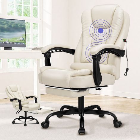 ELFORDSON Massage Office Chair with Footrest Executive Gaming Seat Leather Cream