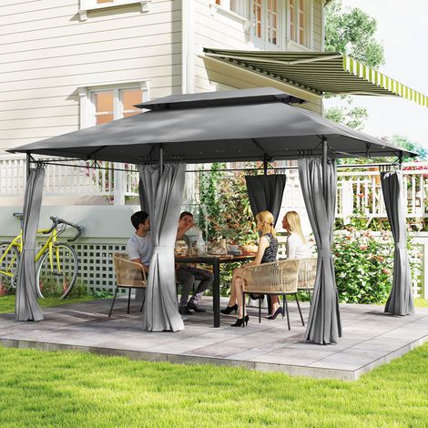 Tonnelle de jardin extérieur pavillon 6 colonnes double toit 12 oeillets de drainage en métal 3x4m gris foncé