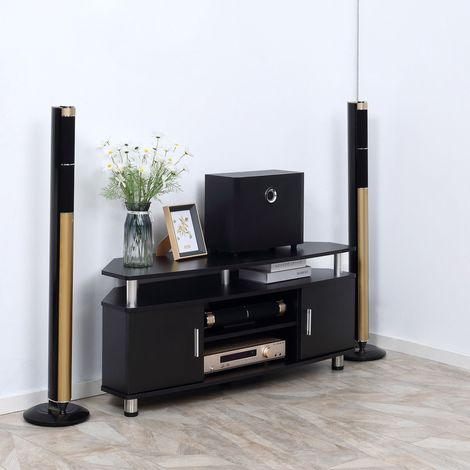 HOMCOM Meuble TV meuble télé bois banc TV pour téléviseur jusqu'à 55 pouces avec grand plateau. placards à portes et compartiment ouvert pour salon chambre à coucher. 120 x 40 x 52 cm. noir