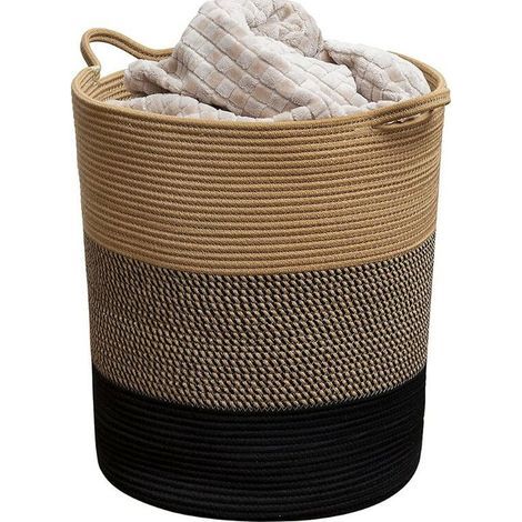Wäschekorb, geflochtener Aufbewahrungskorb, Kleideraufbewahrungskorb aus Baumwollseil, Wäschekorb mit gekreuzten Rändern, Schmutzwäschekorb (Gelb + Schwarz, Blume + Schwarz, 42 cm x 45 cm) (1/3)