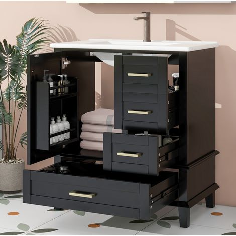 Mueble de baño con lavabo moderno negro, lavabo cerámico integrado, 1 puerta, 3 cajones, 76 x 45,5 x 83,5 cm (1/5)