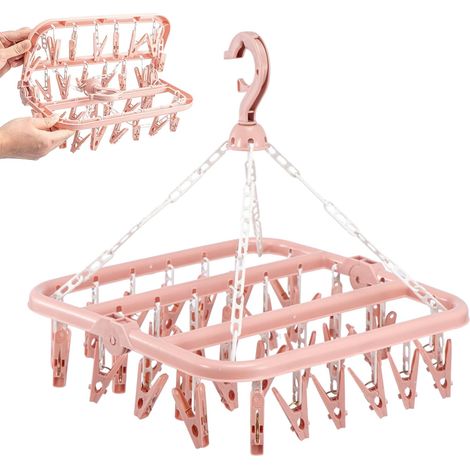 Trintion Foldable Sock Dryer with 32 Clips - Laundry Drying Hanger for Socks, Underwear, Bras, and Shoe Insoles - Space-Saving Washing Line Accessory, Windproof Hanging Rack for Clothes (Pink) (1/5)