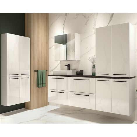Badezimmer Set in weiß Hochglanz lackiert mit Metallgriffen in schwarz und Beton Dunkel MESSINA-107 (1/5)