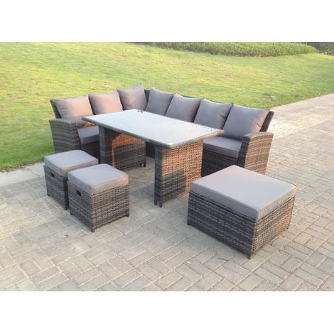 Fimous 9 places Dos haut Ensemble de meubles de jardin en rotin  Canapé d'angle avec Schwarz gehärtet Table de salle à manger 3 Tabourets (1/3)
