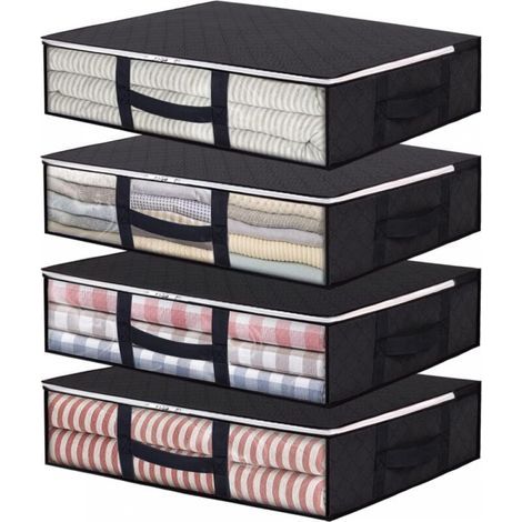Pack 40L Foldable Storage Bags with Clear Window and Reinforced Handles, Zippered Organizer for Comforters, Blankets, Bedding, Black (1/5)