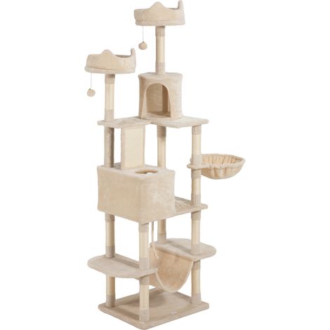 Arbre à chat rascador grand 206 cm avec niveaux, grottes, balles suspendues, hamac beige