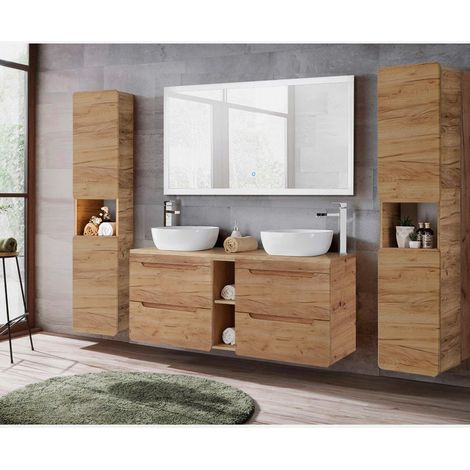 Badmöbel Komplett Set mit 141 cm Doppel-Waschtisch LUTON-56-CRAFT, Wotan Eiche Nb., B/H/T ca. 240/200/46 cm (1/5)