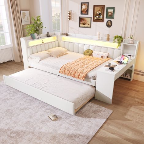 Lit gigogne 140x200cm+90x190cm - Lit de jour avec sommier, ports USB et ceinture LED, bureau - blanc (1/5)