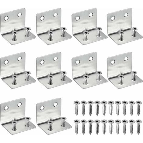 Lot de 10 équerres de fixation en acier inoxydable (30 x 37 x 1,3 mm), équerres d'angle en forme de L, avec 40 vis. Convient pour la fixation d'armoires, de chaises et d'étagères. (1/5)