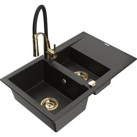 Mexen Gaspar évier en granit 1,5 bacs avec égouttoir et robinet de cuisine Aster, noir/or métallique - 6507-75-73450-57-G (1/5)