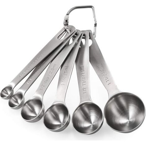 Set di 6 cucchiai dosatori in acciaio inox per misurare solidi e liquidi, con tacche chiare e facili da leggere. (1/2)