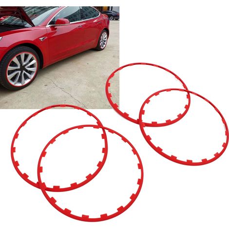 (T04) Rote Radschutzringe, 4-teilig, für 18-Zoll-Räder, passend für Tesla Model 3 2017-2023 (Übergröße). (1/5)
