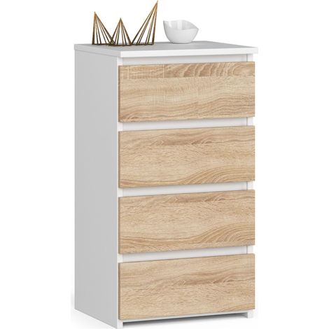 Akord – Commode enfant blanche 40 cm 4 tiroirs – Façade chêne sonoma – Panneau stratifié – Dimensions 40x35x74 cm