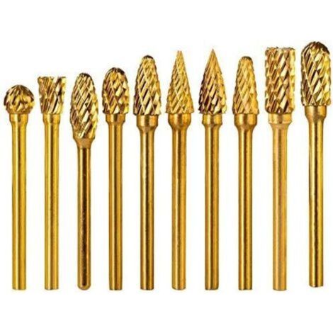 Lot de 10 fraises rotatives en carbure de titane à double coupe - Tige de 3 mm - Tête de 6 mm - En carbure de tungstène massif - Pour meuleuse à matrice, sculpture sur métal, polissage (1/4)
