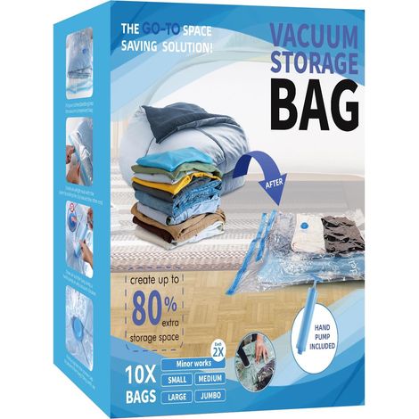 Lot de 10 sacs de rangement sous vide, sacs économiseurs d'espace avec pompe à main, sacs à fermeture sous vide pour vêtements, organisation et rangement des couettes, oreillers, serviettes, (1/5)