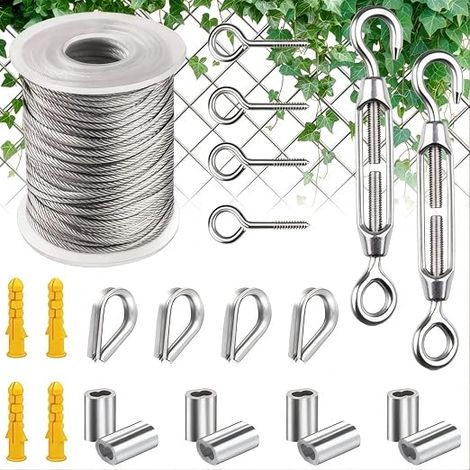 Cable Inox 2mm x 15m, Kit Câble Acier Inoxydable Gainé PVC avec M5 Tendeur Cable Métallique, M2 Cosse Coeur, M5 Crochet Oeil pour Corde à Linge Exterieur/Plantes Grimpantes/Grillage Clôture/Lumières (1/5)