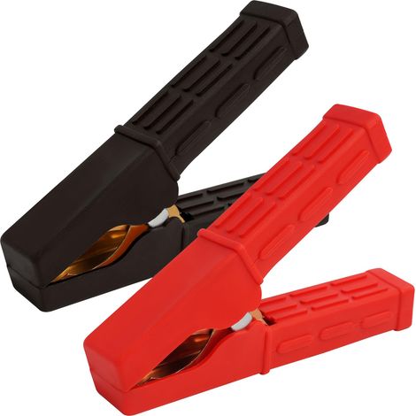 2 Pièce Pinces Crocodile en Cuivre Isolées pour Batterie de Voiture, Camion, Fourgon - Pinces de Démarrage avec Poignées en Caoutchouc, Code Couleur Rouge/Noir pour Tests et Urgences Automobiles (1/5)