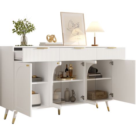 Buffet avec 4 Portes, 3 Tiroirs et Inserts en Acrylique, en MDF, pour Salon, 140 x 40 x 85.5 cm, Blanc (1/5)