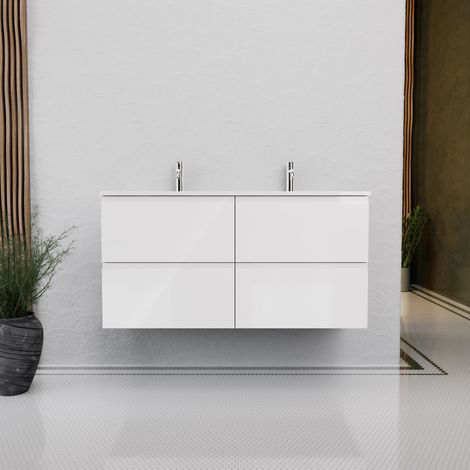 Inda - Badezimmerschrank B.120 mit Doppelwaschbecken, Hochglanz/Hochglanzweiß, 4 Schubladen - Rubin