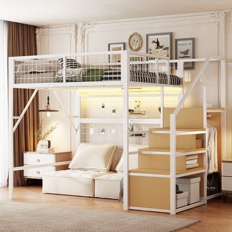 Letto a soppalco in metallo bianco 140x200 cm con scala contenitore, armadio aperto e LED controllabile da app (1/5)