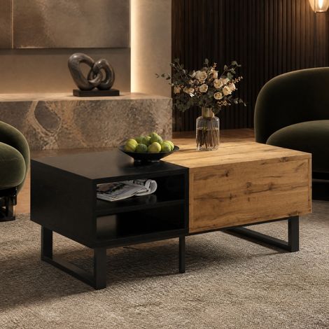 Tavolino da caffè con contenitore, 3 vani e cassetto, 100 x 50 x 40 cm, legno e nero, HAVRYA (1/5)