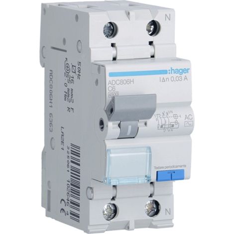 Magnetotermico Differenziale Hager 1P+N 6A 4.5kA 30mA curva C Tipo AC 2M ADC806H (1/4)