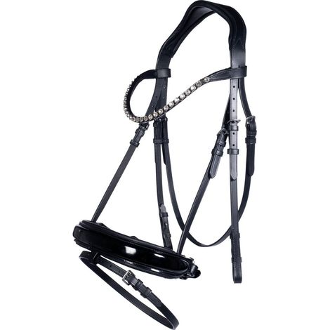 Briglia in cuoio con testiera anatomica e frontalino decorato completa di redini in tessuto modello Fleur: pony, nero 9100