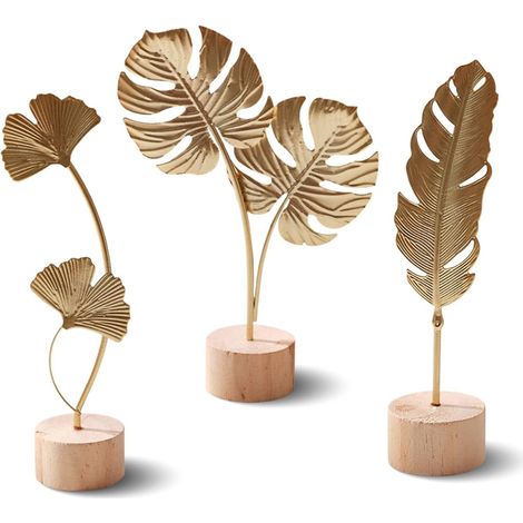 Lot de 3 statues décoratives en feuille de ginkgo - Avec socle en bois - Décoration de table moderne pour salon, chambre à coucher, bureau - Décoration de printemps idéale et idée cadeau (1/5)