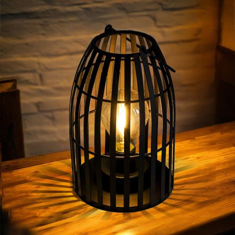 Deko Windlicht schwarz mit LED Glühbirne und Tragehenkel - 21 x 13 cm - Metall Laterne warm weiß beleuchtet Batterie betrieben