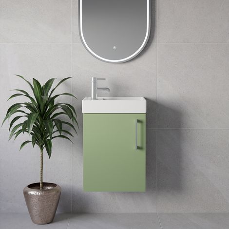 Napoli Cube Olive Green 400mm Wall Mounted Single Door Vanity Unit with Align Basin - 400mm - Chrome 160mm Handle