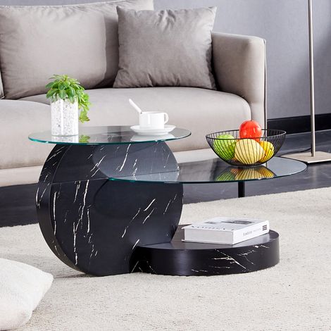 Runder Couchtisch, 2er-Set, Glas, 70 x 50 x 44 cm, gekreuzte Beine, Marmorfurnier, Walnuss-Finish, Sofatisch/Wohnzimmertisch, moderner und minimalistischer Stil