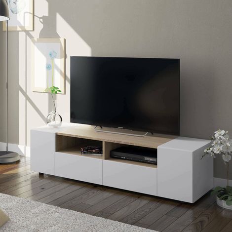 Dmora Mueble TV para salón con dos puertas batientes, dos puertas abatibles y dos baldas pequeñas, color blanco con detalle de roble, Medidas 138 x 36 x 42 cm, con embalaje reforzado (1/5)