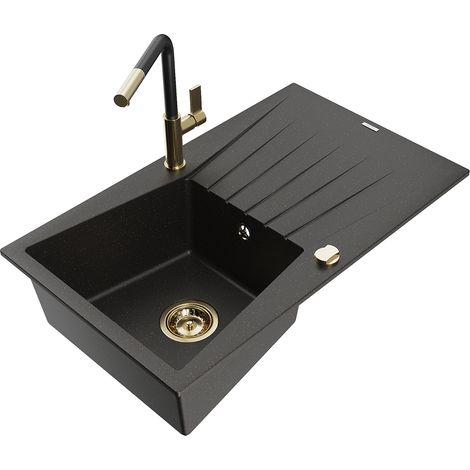 Mexen Cesar lavello in granito a 1 vasca con scolapiatti e rubinetto da cucina Flora, nero/oro metallico - 6514-75-670401-57-G (1/5)