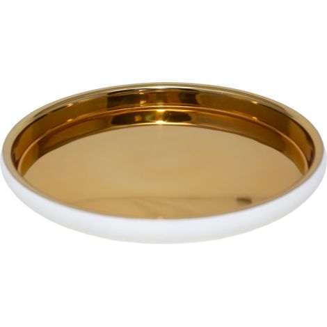 Plateau rond de service et décoration en acier inoxydable écru et doré 32,5 x 32,5 x 4,5 cm - PANGIVO (1/3)