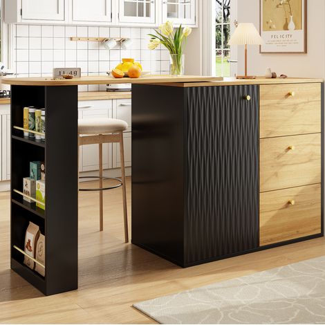 Bartisch MDF Schwarz 138,0-204,0x39,0x104,0 cm, dreh- und ausziehbar, mit 3 Schubladen und Regalfächern (1/5)