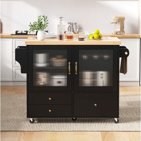 Îlot de cuisine mobile à roulettes avec table extensible, rangement, MDF noir/naturel (1/5)