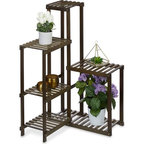 Meuble Plantes Bambou, 6 étagères, Rangement d’Angle, H x L x P : 101x62x62 cm, Ranger Fleurs Salon, Marron (1/5)