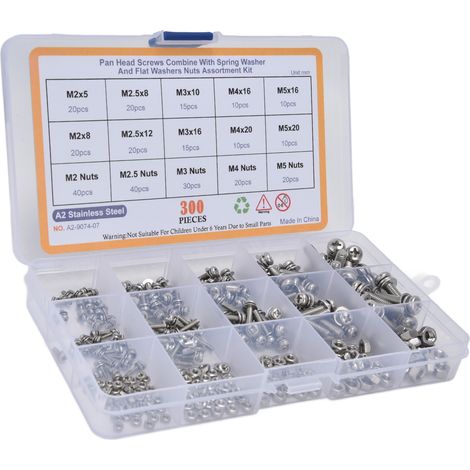 300-teiliges Set mit Schrauben, Unterlegscheiben und Muttern aus Edelstahl 304 mit versenkten Kreuzschlitzköpfen, diverse Kleinteile für Heimwerker (1/5)