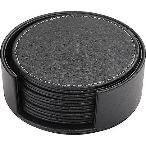 black 6 Pieces Round Leather Coasters, Pu Leather Coasters For Parties Coffee Bar Pub Cup Mat Coasters Coasters With Holder Black-round (1/5)