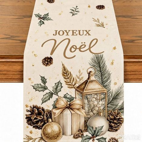 Decoration Noel, Chemin de Table Noel 33 x 183 cm,pour repas et réveillon, decoration table noel aux motifs dorés et végétaux (1/4)