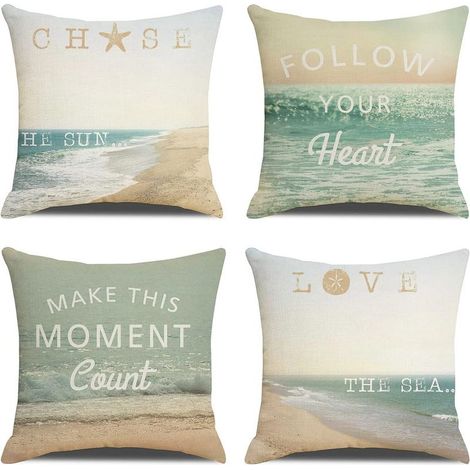 4 taies d'oreiller, 45 x 45 cm, en lin polyester, motif plage, housse de coussin décorative pour canapé, salon, terrasse (1/5)