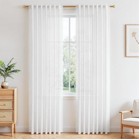 Rideau Voilage Effet Lin Semi-Transparent Voilage Blanc pour Fenetre Salon Moderne Chambre Bureau Baie Vitrée, Lot de 2 Panneaux de Rideaux Intérieurs Passe Tringle, 140x210 cm (1/5)